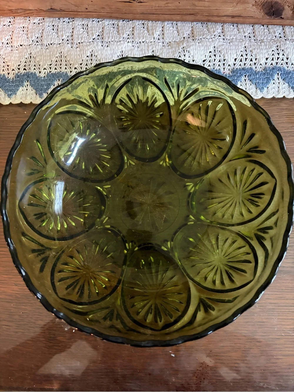 Olive Green Pressed Glass Serving Bowl - Classic Home Dining Piece